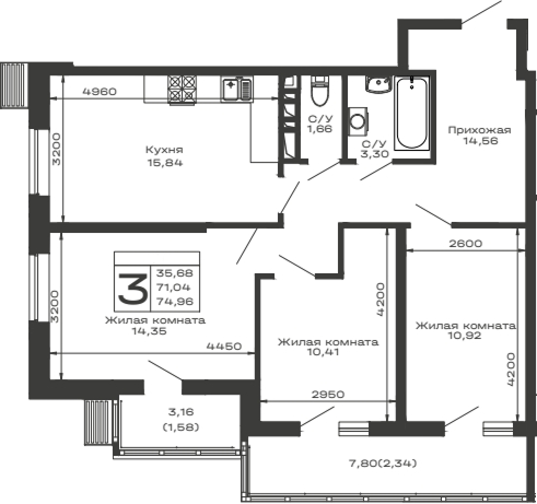 3-комн., 71.04 м², 8/16 этаж, ЖК «Долина»