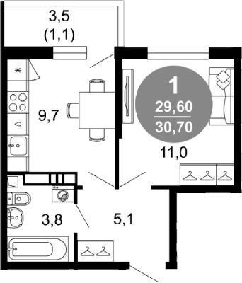 1-комн., 29.6 м², 2/17 этаж, ЖК «Лестория»