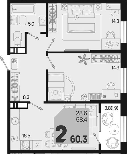 2-комн., 58.4 м², 8/18 этаж, ЖК «Первое место»