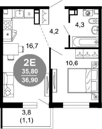 2-комн., 35.8 м², 2/17 этаж, ЖК «Лестория»