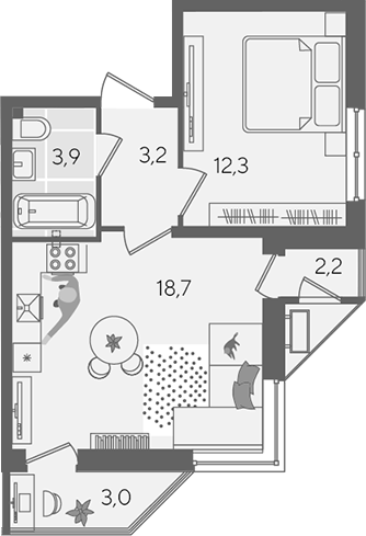 2-комн., 38.1 м², 2/24 этаж, ЖК «Рекорд»