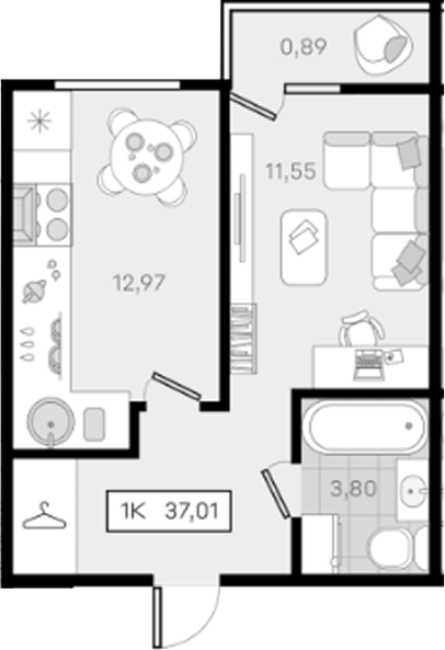 1-комн., 36.12 м², 4/8 этаж, ЖК «История 3»