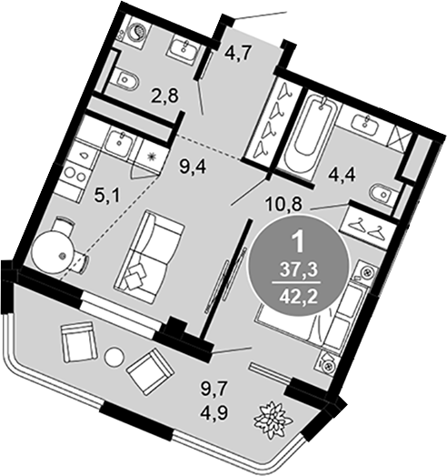 2-комн., 37.3 м², 4/5 этаж, ЖК «Клубный дом премиум класса Моретта»