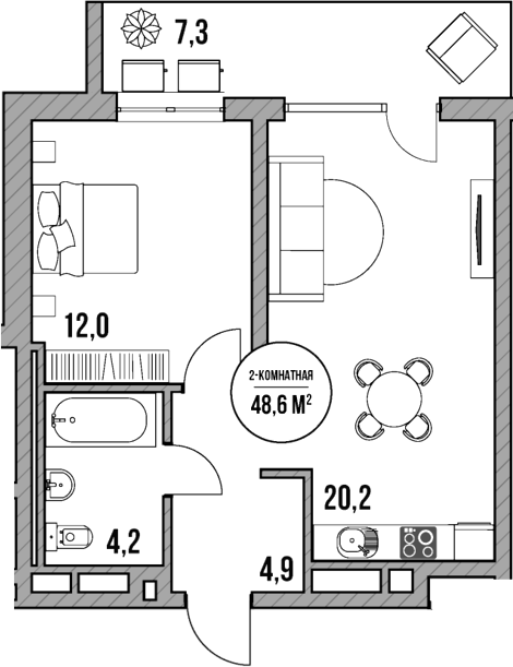 2-комн., 41.3 м², 4/5 этаж, ЖК «МореТут»