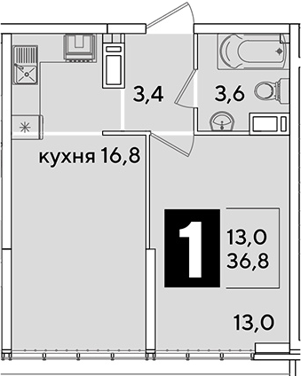 2-комн., 36.8 м², 16/16 этаж, ЖК «Самолет»
