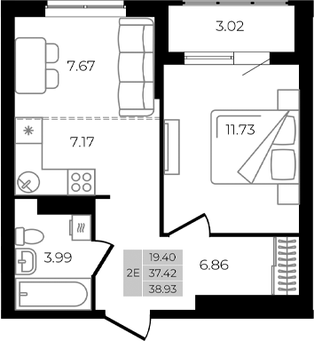 2-комн., 37.42 м², 4/8 этаж, ЖК «Курортный регион»