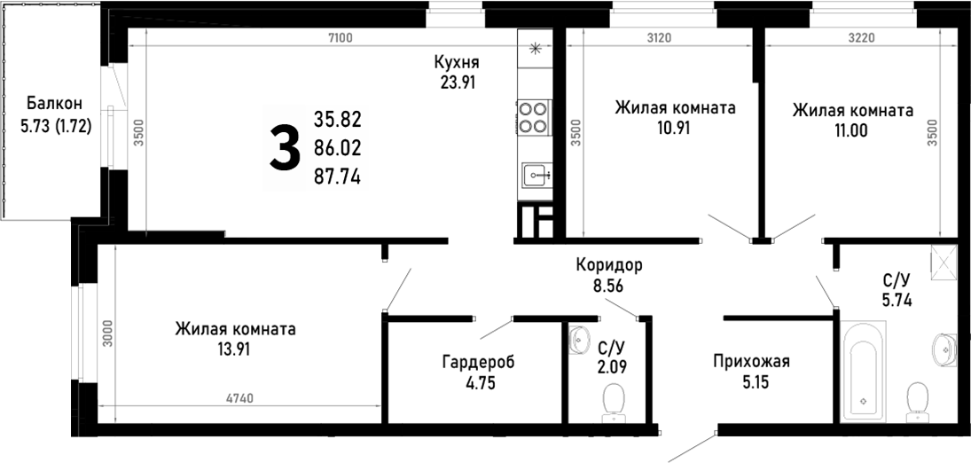3-комн., 86.02 м², 3/4 этаж, ЖК «Усадьба Гостагаевская»