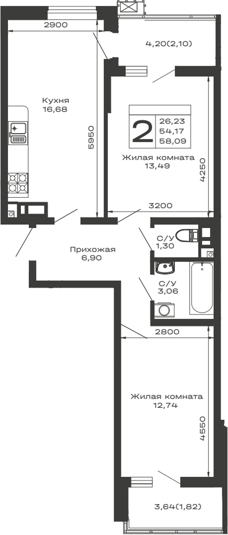 2-комн., 54.17 м², 13/14 этаж, ЖК «Долина»