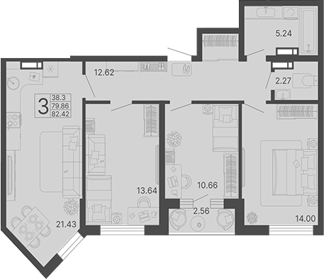 3-комн., 79.86 м², 16/17 этаж, ЖК «Светский лес»