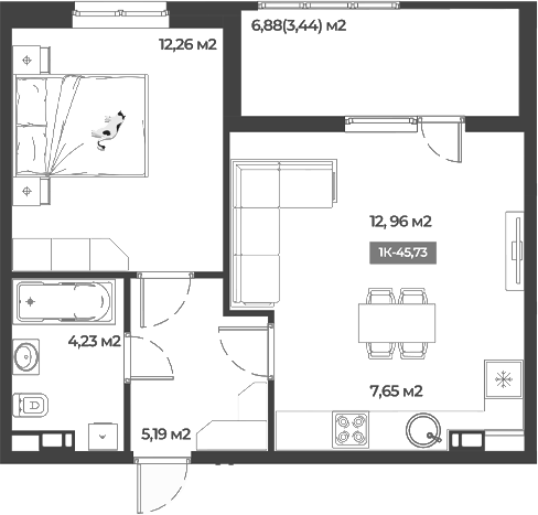 1-комн., 42.29 м², 2/5 этаж, ЖК «Соловей»