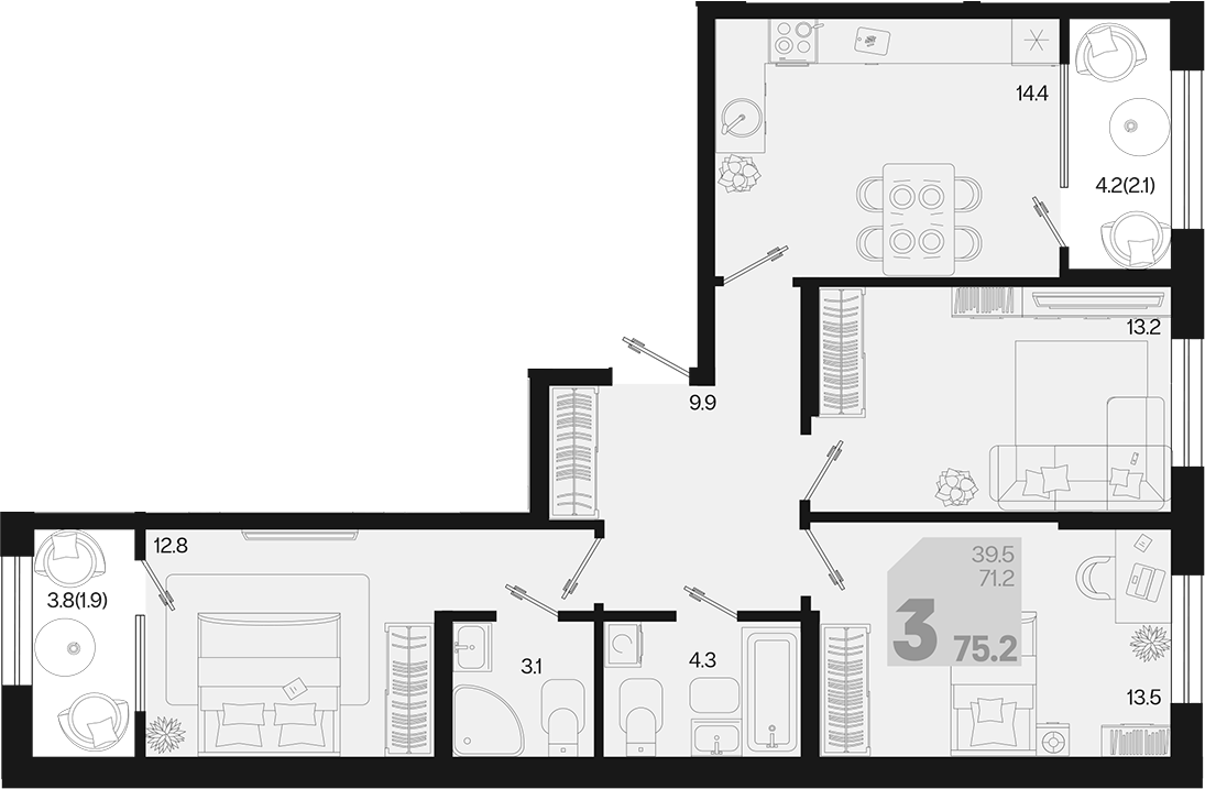 3-комн., 71.2 м², 2/9 этаж, ЖК «Первое место»