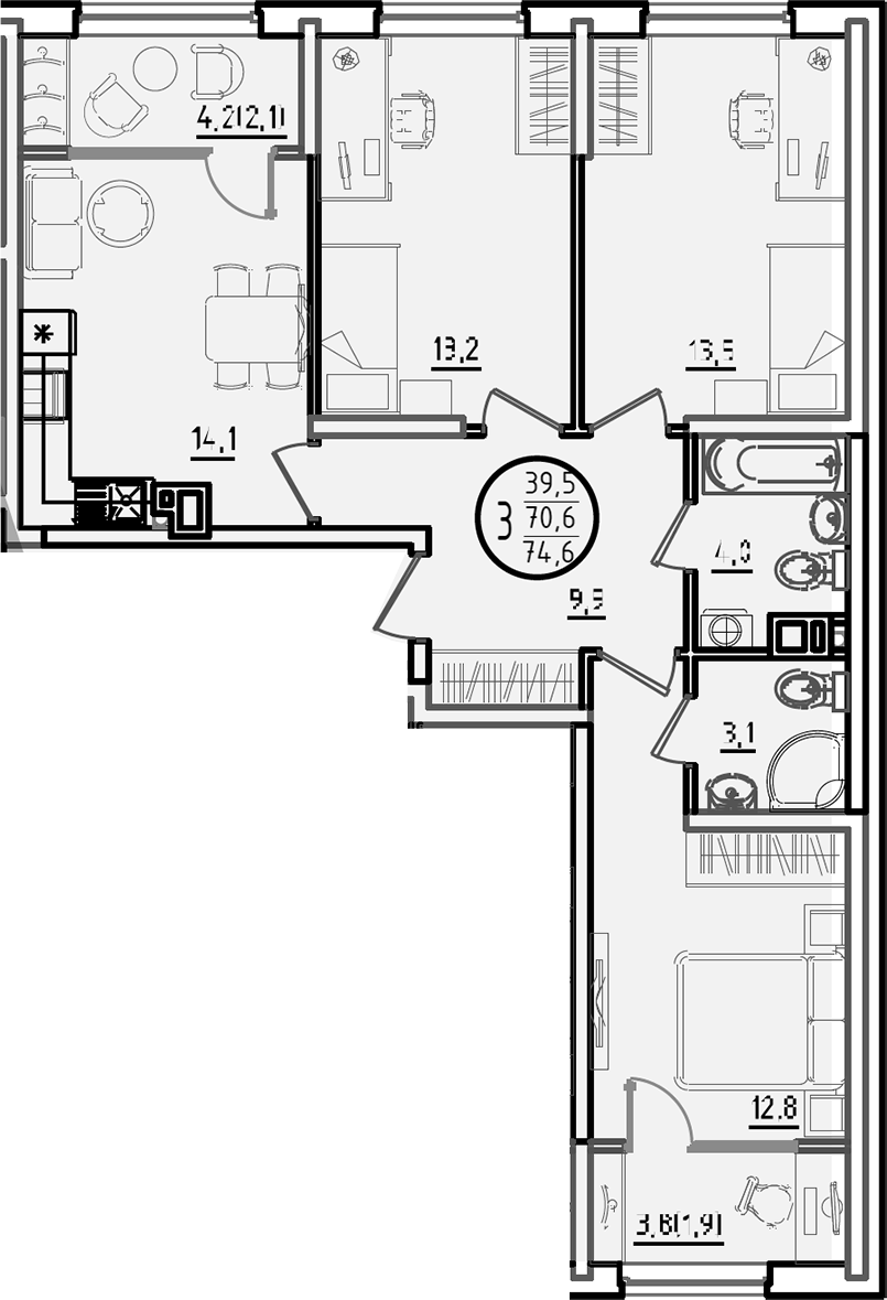 3-комн., 70.6 м², 6/9 этаж, ЖК «Первое место»