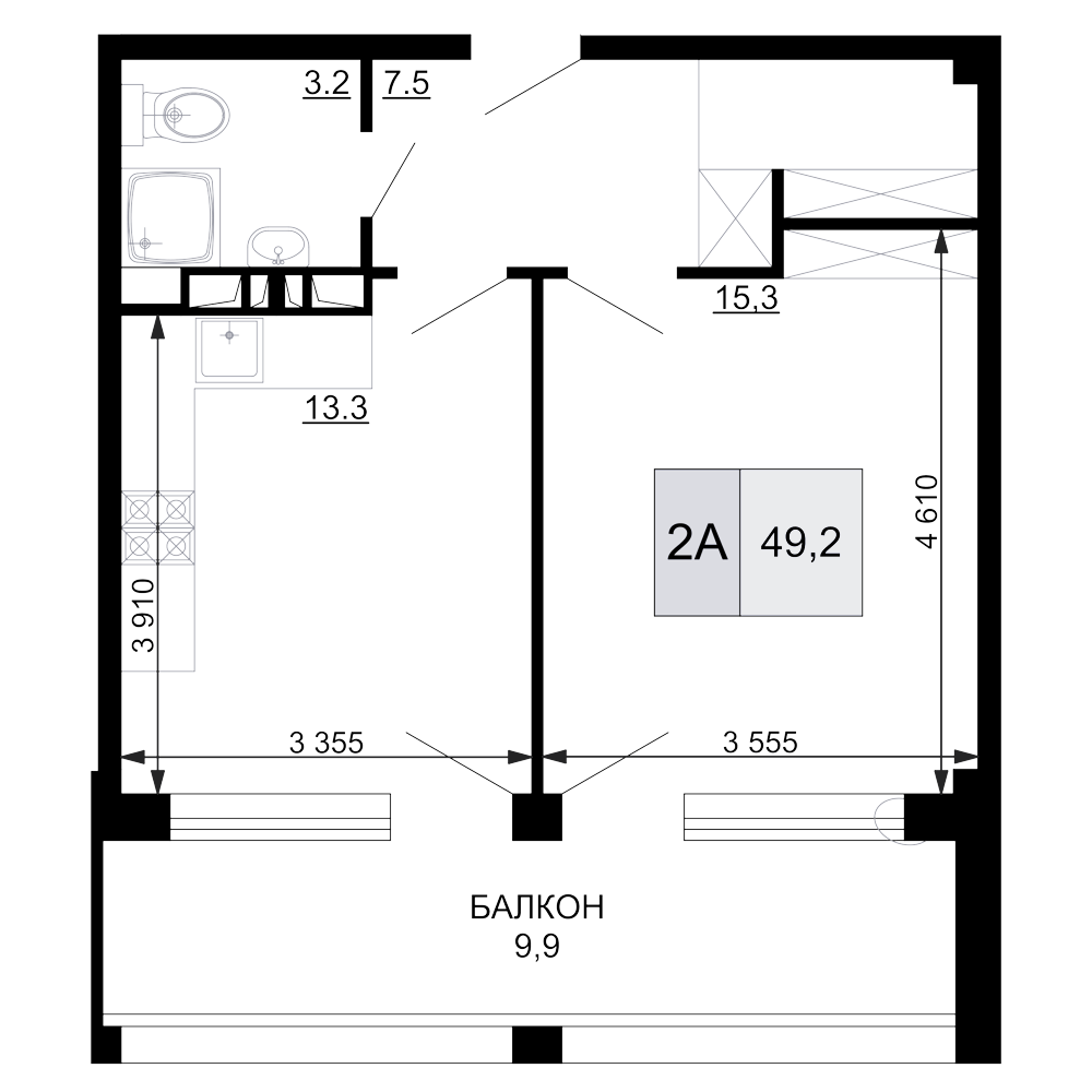 2-комн., 39.3 м², 2/9 этаж, ЖК «Гостиничный комплекс Мореград»