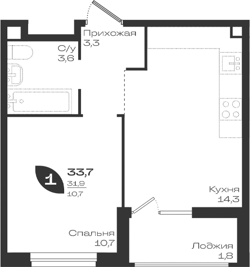 1-комн., 31.9 м², 2/9 этаж, ЖК «Ботаника»