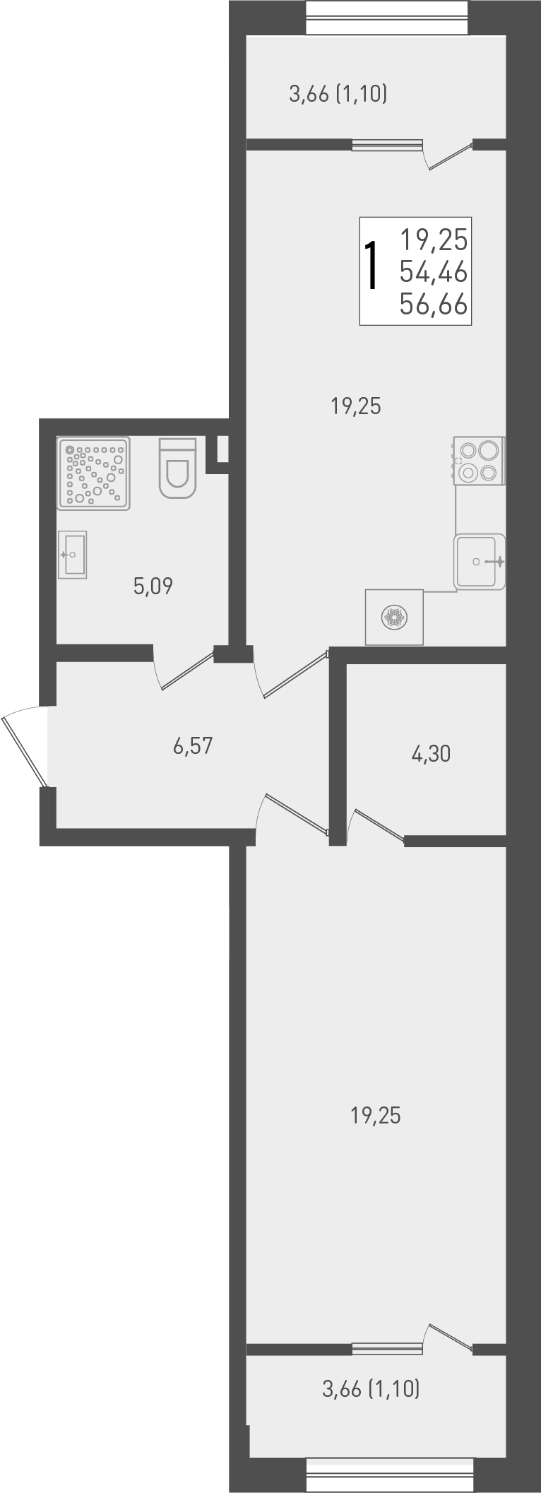 1-комн., 54.46 м², 1/9 этаж, ЖК «Югге»