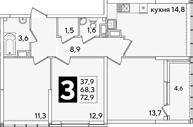 3-комн., 68.3 м², 15/16 этаж, ЖК «Самолет»