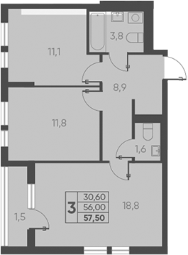 2-комн., 56 м², 11/15 этаж, ЖК «Барса»