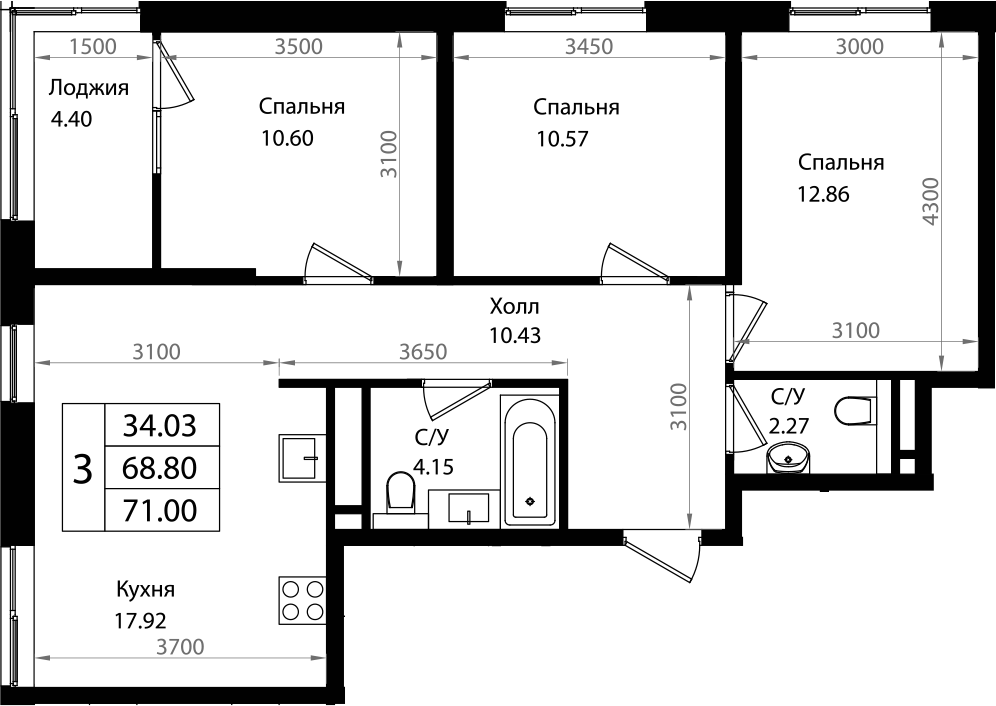 4+ комнаты, 68.8 м², 5/10 этаж, ЖК «Патрики»