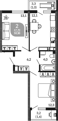 2-комн., 47.7 м², 22/23 этаж, ЖК «Облака»