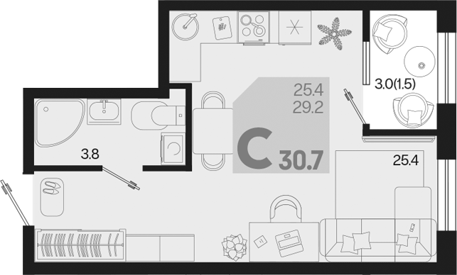 Студия, 29.2 м², 2/18 этаж, ЖК «Первое место»