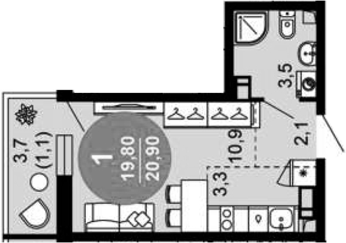 Студия, 19.8 м², 7/12 этаж, ЖК «Флора»