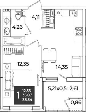 1-комн., 35.07 м², 14/18 этаж, ЖК «Образцово»