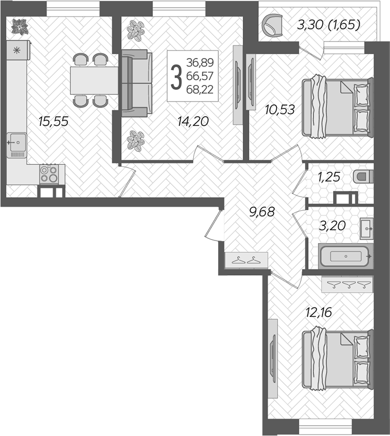 3-комн., 66.57 м², 12/12 этаж, ЖК «Смородина»