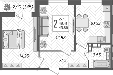 2-комн., 48.41 м², 11/12 этаж, ЖК «Смородина»