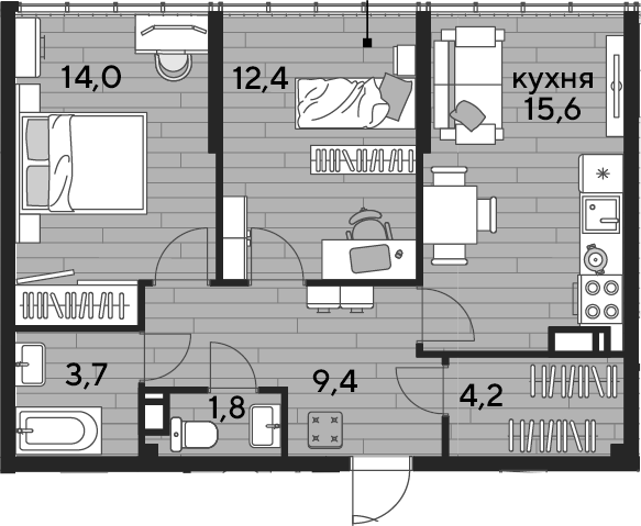 2-комн., 61.1 м², 19/19 этаж, ЖК «DОГМА ПАРК»