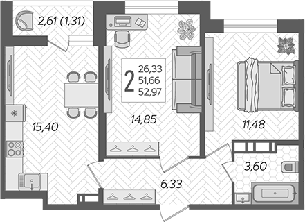3-комн., 51.66 м², 10/12 этаж, ЖК «Смородина»