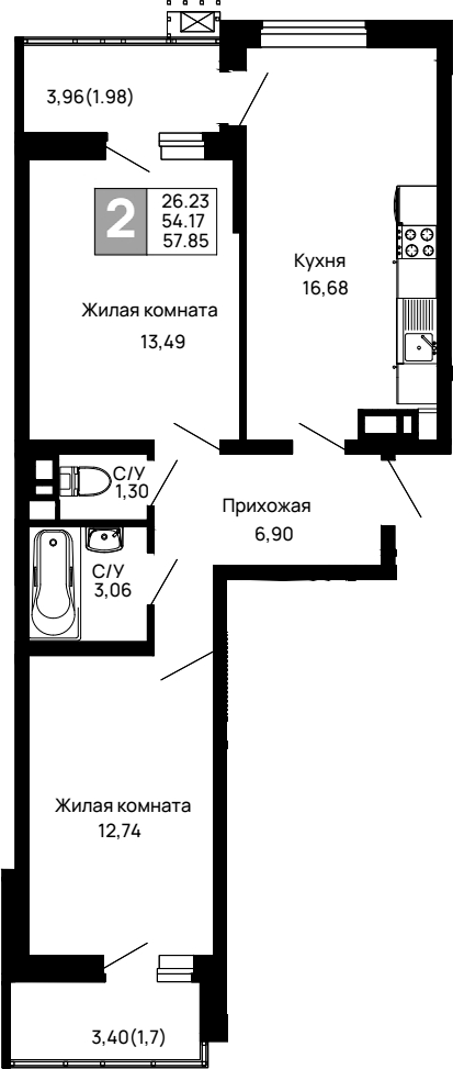 Продается 2-комн. квартира, 54.17 м²