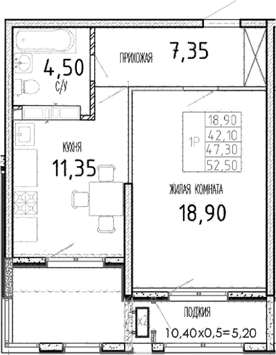 1-комн., 42.1 м², 10/17 этаж, ЖК «Мост»