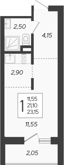 Студия, 21.1 м², 14/19 этаж, ЖК «Кислород»