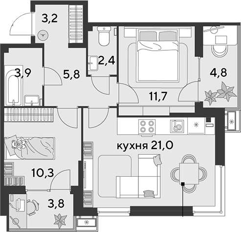 3-комн., 58.3 м², 2/18 этаж, ЖК «Парк Победы»