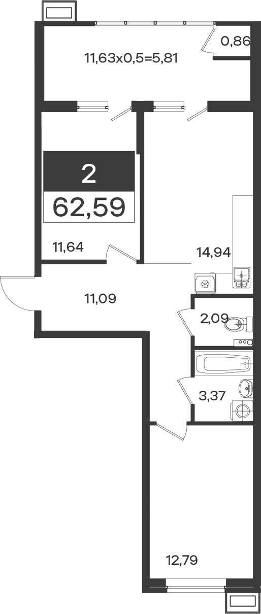 2-комн., 55.92 м², 2/18 этаж, ЖК «Образцово»