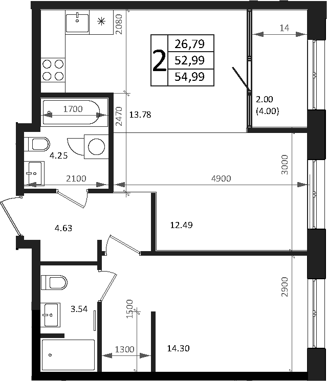 2-комн., 52.99 м², 12/16 этаж, ЖК «Патрики»