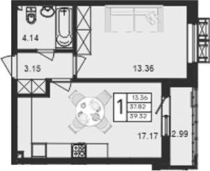 1-комн., 37.82 м², 2/9 этаж, ЖК «Дом 101»