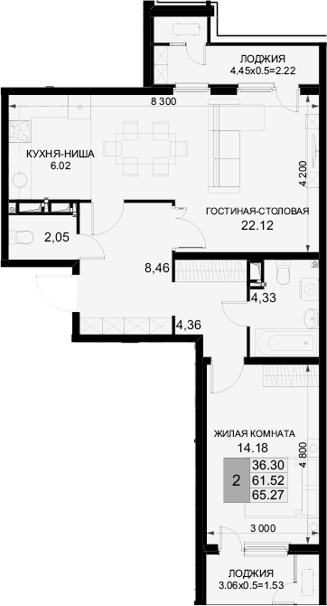 2-комн., 61.52 м², 4/18 этаж, ЖК «Фонтаны»