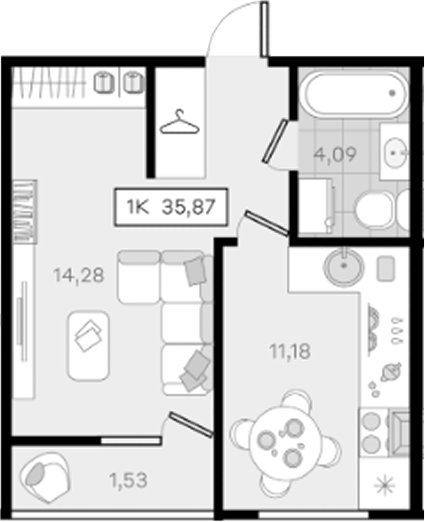 1-комн., 34.34 м², 6/8 этаж, ЖК «История 3»