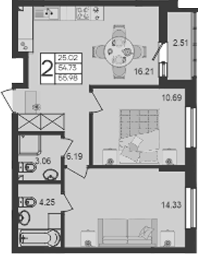 Продается 2-комн. квартира, 54.73 м²