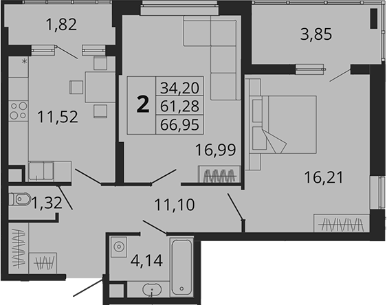 Продается 2-комн. квартира, 61.28 м²