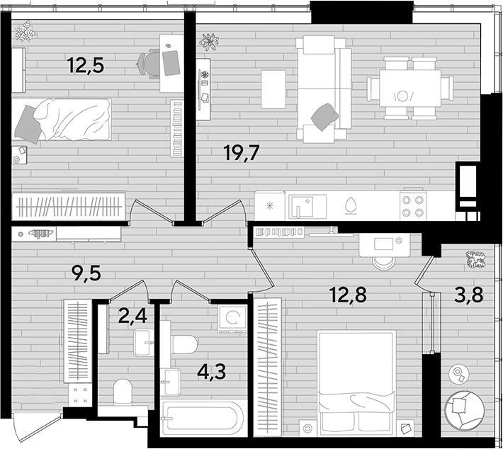 2-комн., 61.2 м², 16/16 этаж, ЖК «DОГМА ПАРК»