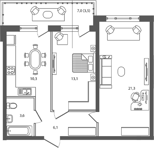2-комн., 54.4 м², 5/7 этаж, ЖК «Сиреневый бульвар»