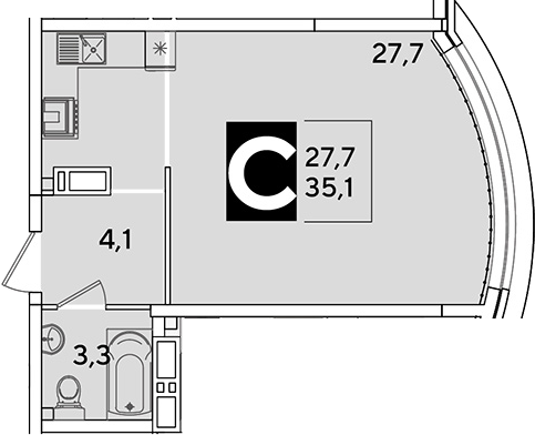 Студия, 35.1 м², 10/16 этаж, ЖК «Самолет»