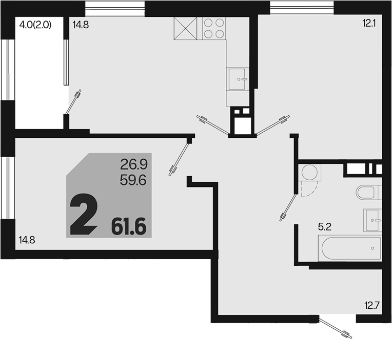 2-комн., 59.6 м², 3/18 этаж, ЖК «Первое место»