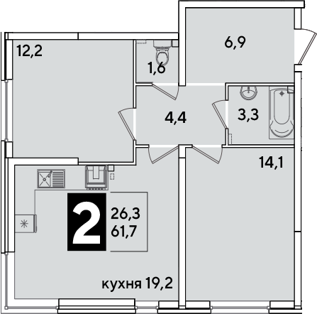 3-комн., 61.7 м², 2/16 этаж, ЖК «Самолет»