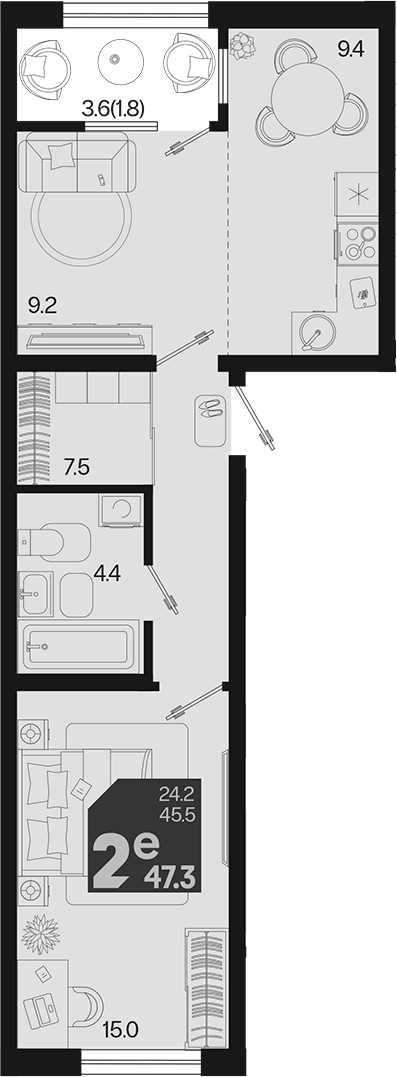 2-комн., 45.5 м², 2/9 этаж, ЖК «Первое место»