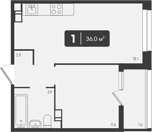 1-комн., 34.4 м², 5/9 этаж, ЖК «Архитектор. ГК ЮгСтройИнвест»