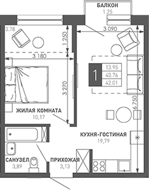 1-комн., 42.1 м², 2/9 этаж, ЖК «Иначе в Молодежном»