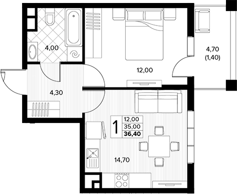 1-комн., 35 м², 6/7 этаж, ЖК «Кипарис»
